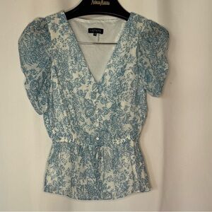 1. State Blue and White Floral V-Neck Puff Sleeve Top